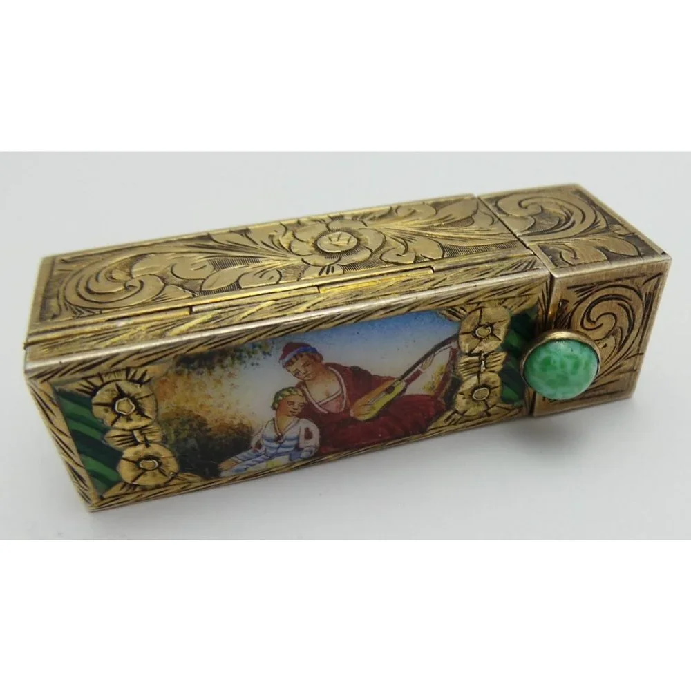 Vintage Antique 800 Sterling Silver Italian Musical Scene Enamel Mirror Lipstick